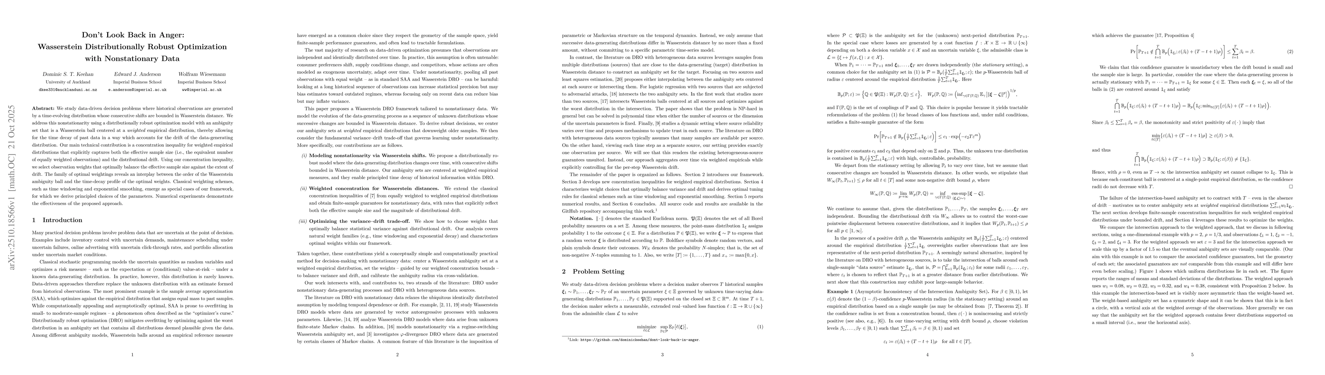 Thumbnail for Don't Look Back in Anger: Wasserstein Distributionally Robust
  Optimization with Nonstationary Data