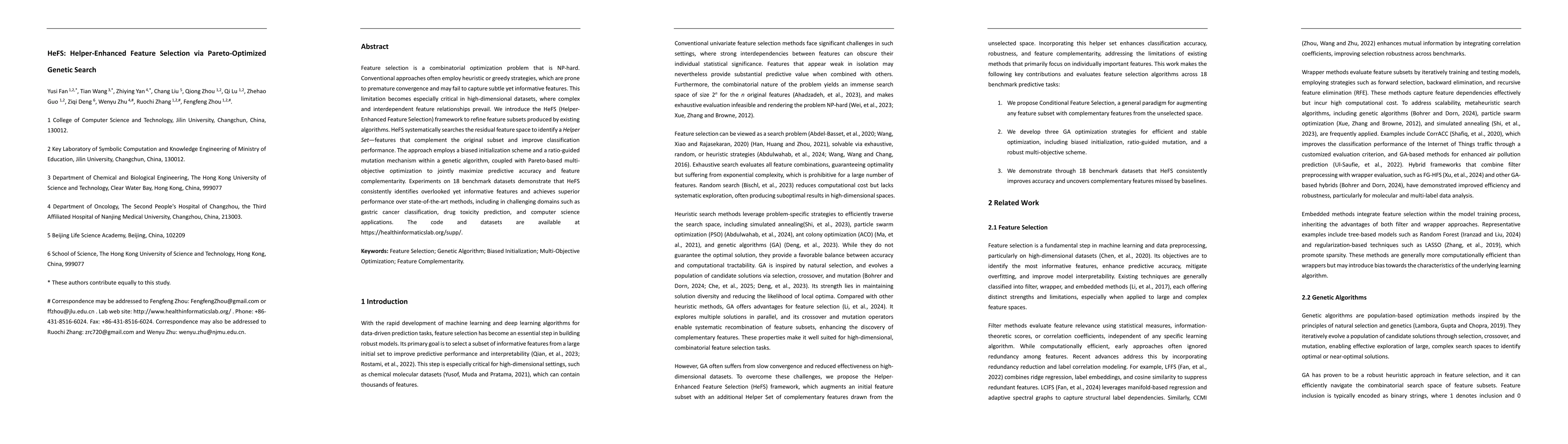Thumbnail for HeFS: Helper-Enhanced Feature Selection via Pareto-Optimized Genetic
  Search