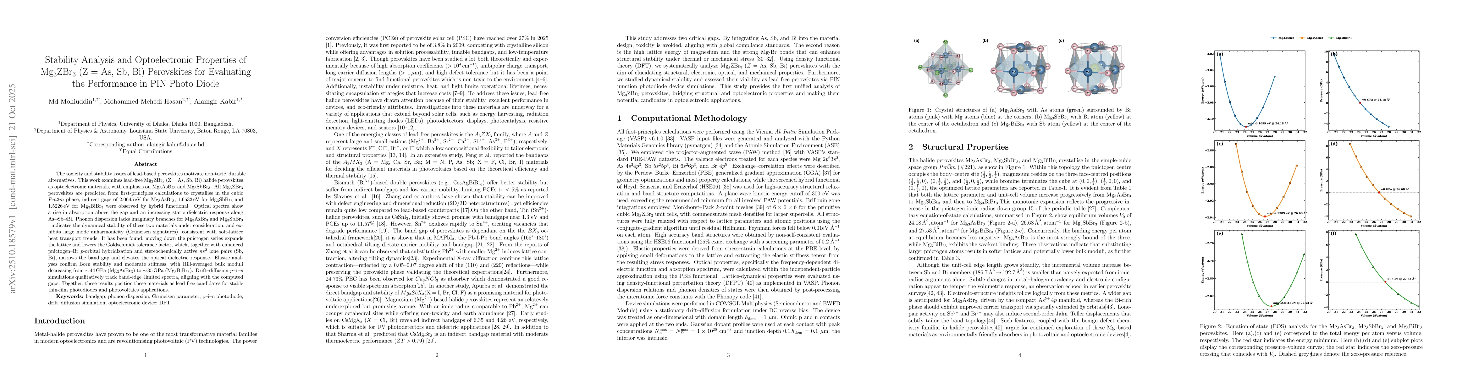 Thumbnail for Stability Criteria and Optoelectronic Properties of Mg3ZBr3 (Z = As, Sb,
  Bi) Perovskites for Evaluating the Performance in PIN Photo Diode