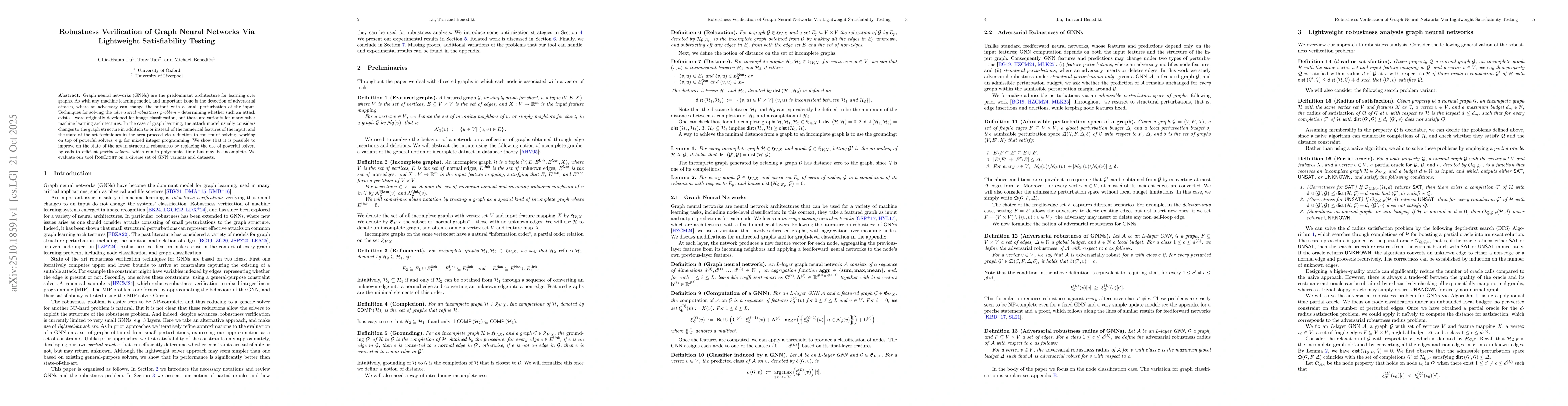 Thumbnail for Robustness Verification of Graph Neural Networks Via Lightweight
  Satisfiability Testing