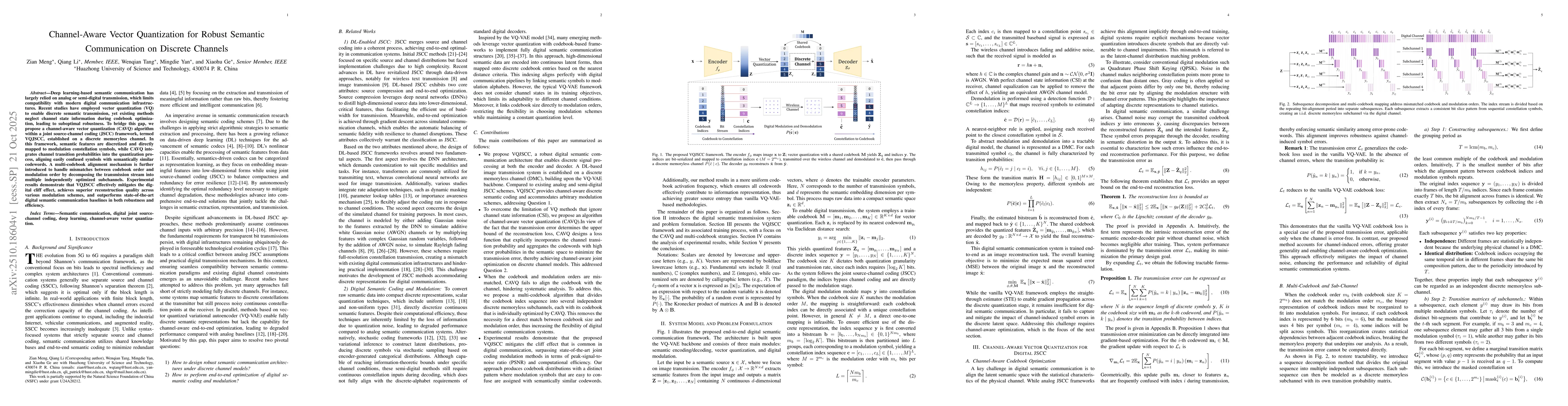 Thumbnail for Channel-Aware Vector Quantization for Robust Semantic Communication on
  Discrete Channels