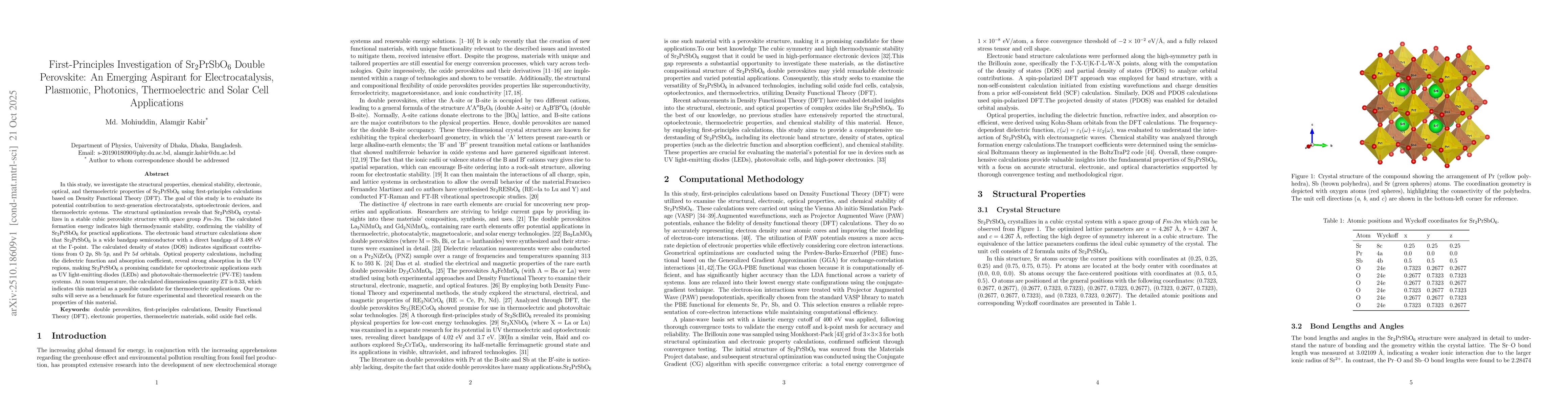 Thumbnail for First-Principles Investigation of Sr2PrSbO6 Double Perovskite: An
  Emerging Aspirant for Electrocatalysis, Plasmonic, Photonics, Thermoelectric
  and Solar Cell Applications