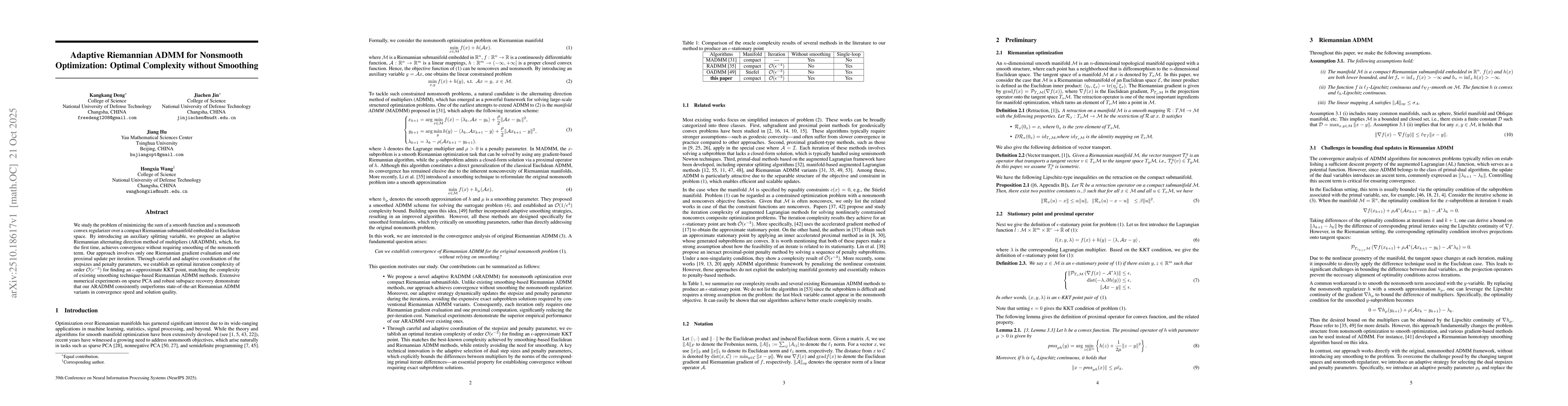 Thumbnail for Adaptive Riemannian ADMM for Nonsmooth Optimization: Optimal Complexity
  without Smoothing