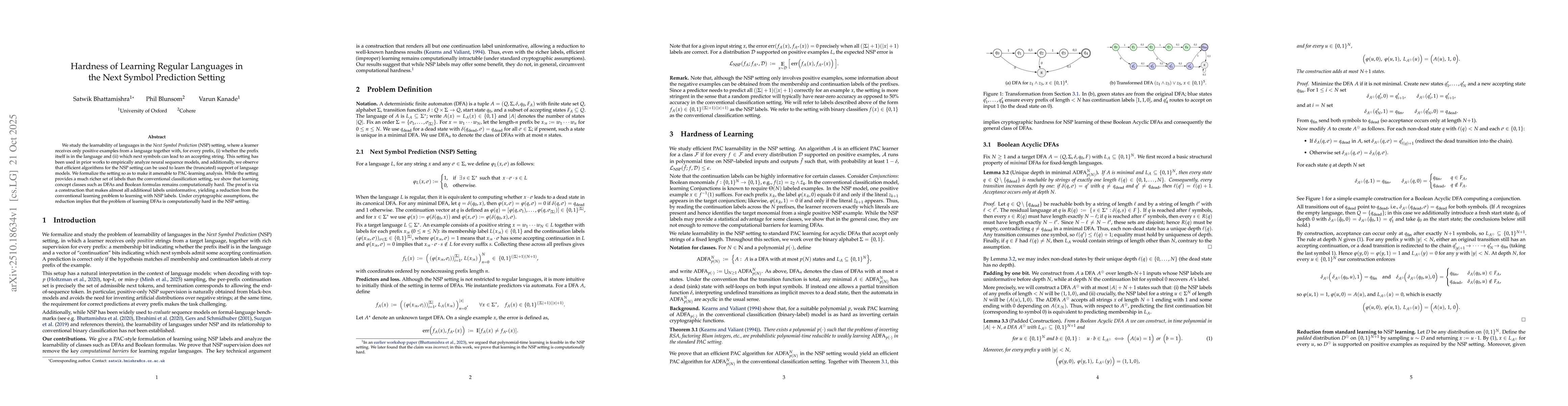 Thumbnail for Hardness of Learning Regular Languages in the Next Symbol Prediction
  Setting