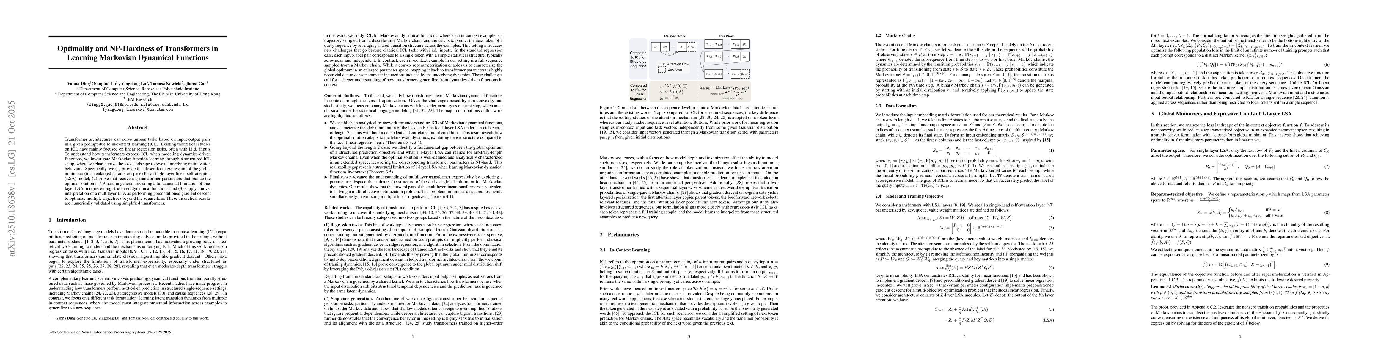 Thumbnail for Optimality and NP-Hardness of Transformers in Learning Markovian
  Dynamical Functions