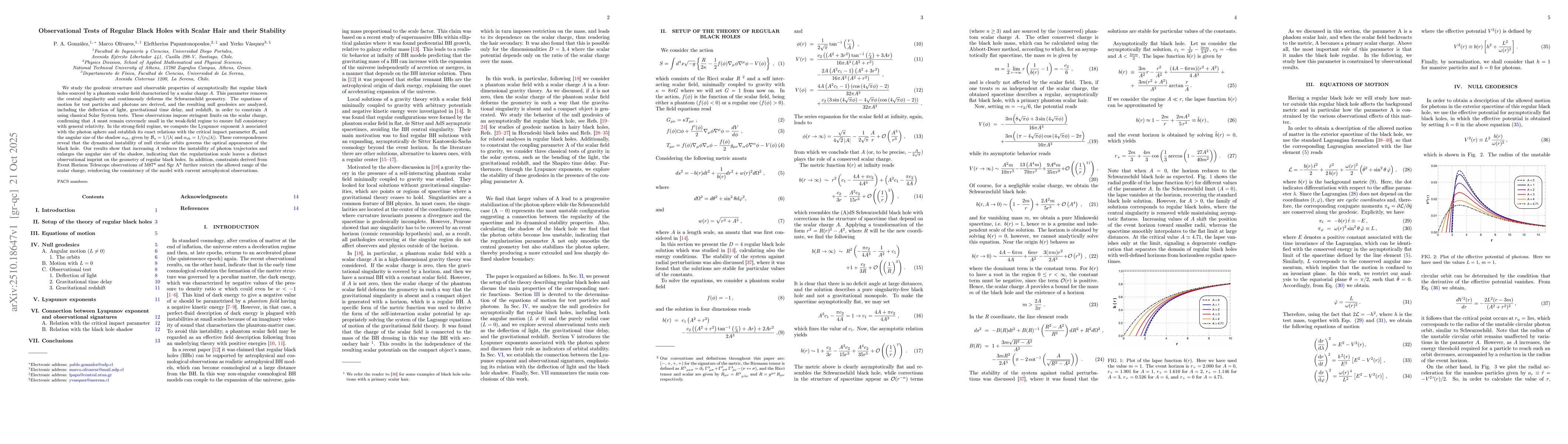 Thumbnail for Observational Tests of Regular Black Holes with Scalar Hair and their
  Stability