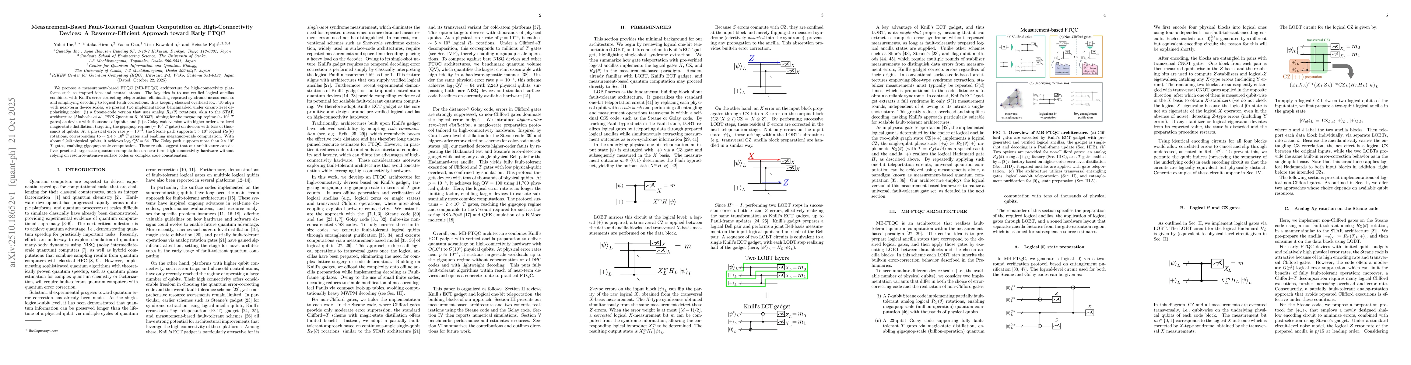 Thumbnail for Measurement-Based Fault-Tolerant Quantum Computation on
  High-Connectivity Devices: A Resource-Efficient Approach toward Early FTQC