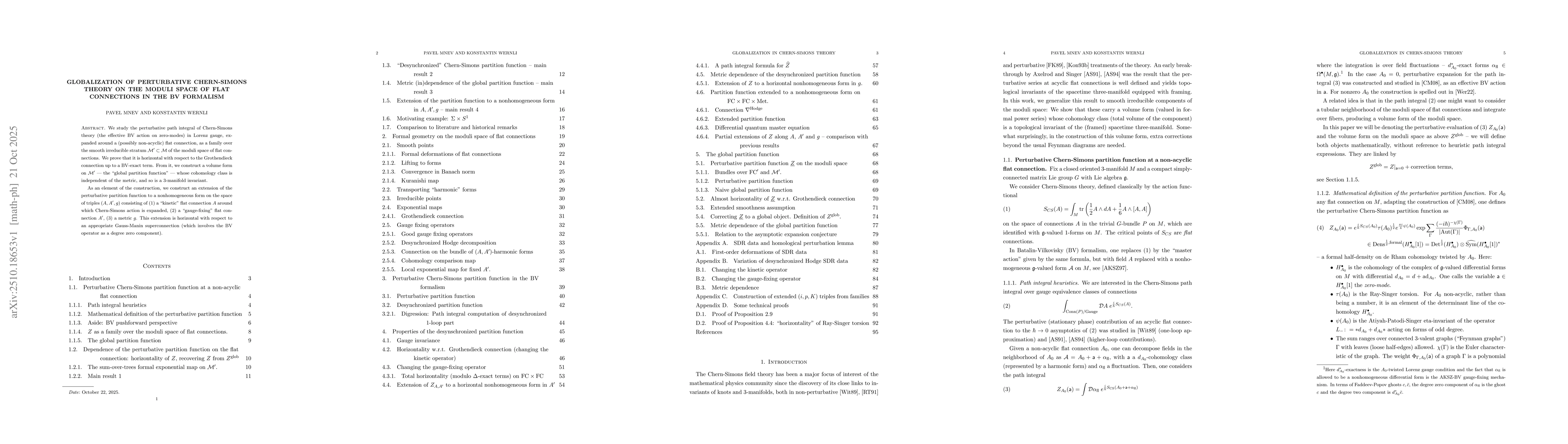 Thumbnail for Globalization of perturbative Chern-Simons theory on the moduli space of
  flat connections in the BV formalism