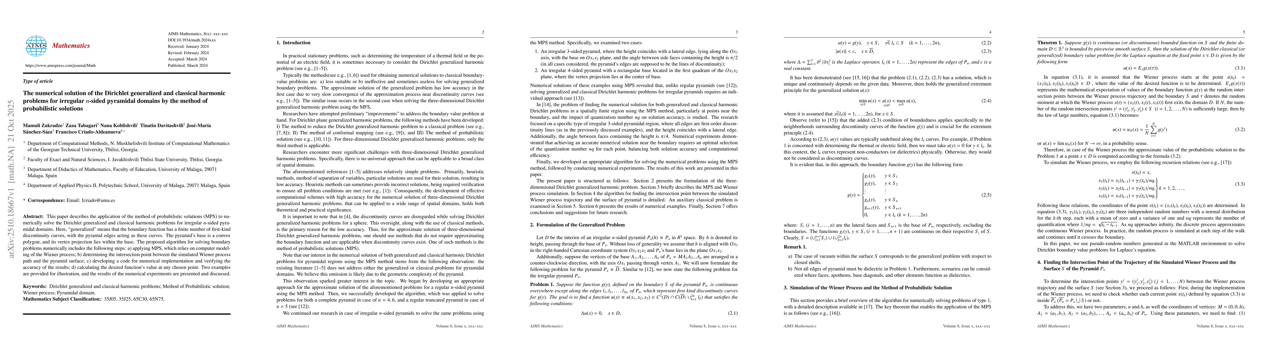 Thumbnail for The numerical solution of the Dirichlet generalized and classical
  harmonic problems for irregular n-sided pyramidal domains by the method of
  probabilistic solutions
