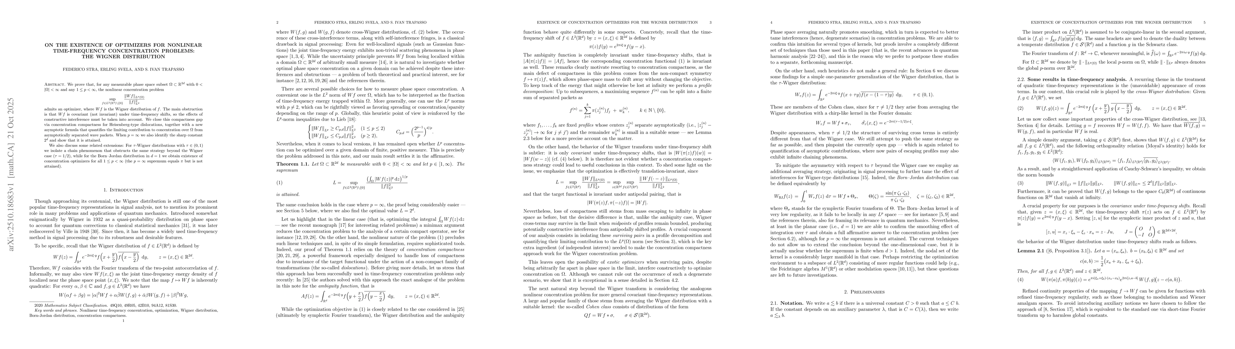 Thumbnail for On the existence of optimizers for nonlinear time-frequency
  concentration problems: the Wigner distribution