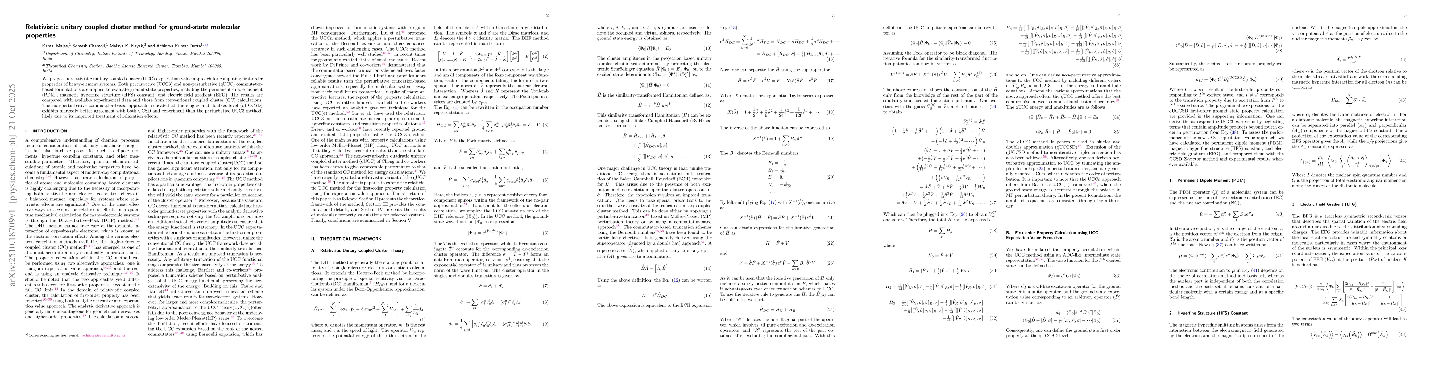 Thumbnail for Relativistic unitary coupled cluster method for ground-state molecular
  properties