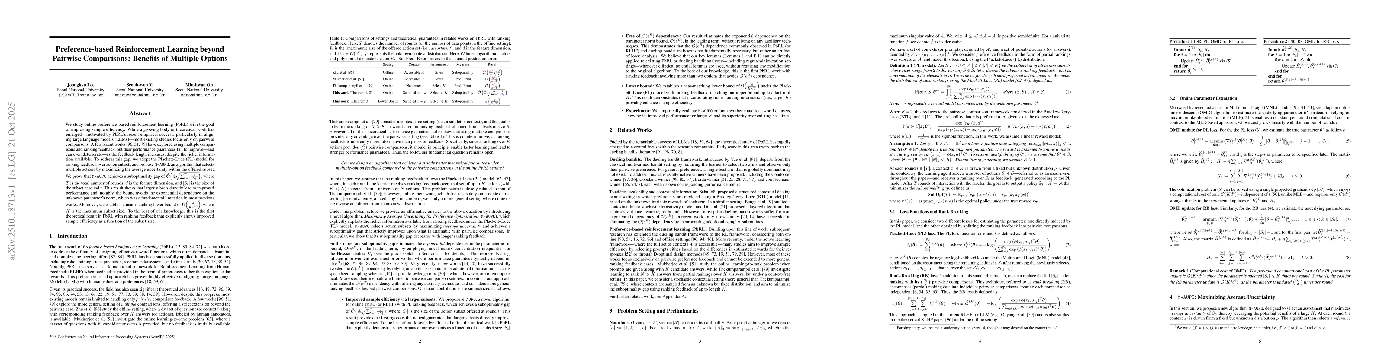 Thumbnail for Preference-based Reinforcement Learning beyond Pairwise Comparisons:
  Benefits of Multiple Options