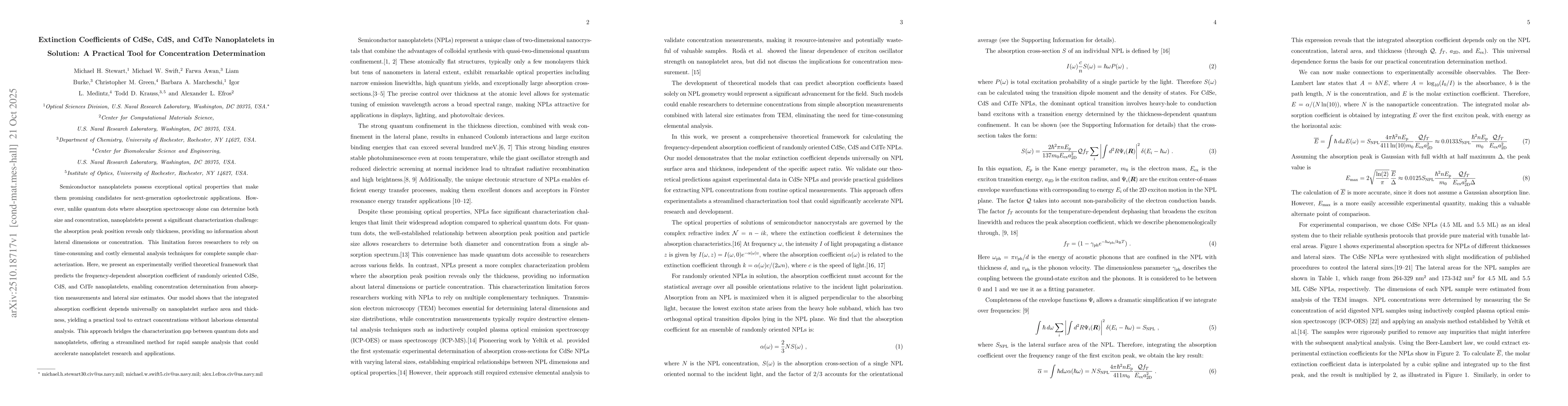 Thumbnail for Extinction Coefficients of CdSe, CdS, and CdTe Nanoplatelets in
  Solution: A Practical Tool for Concentration Determination