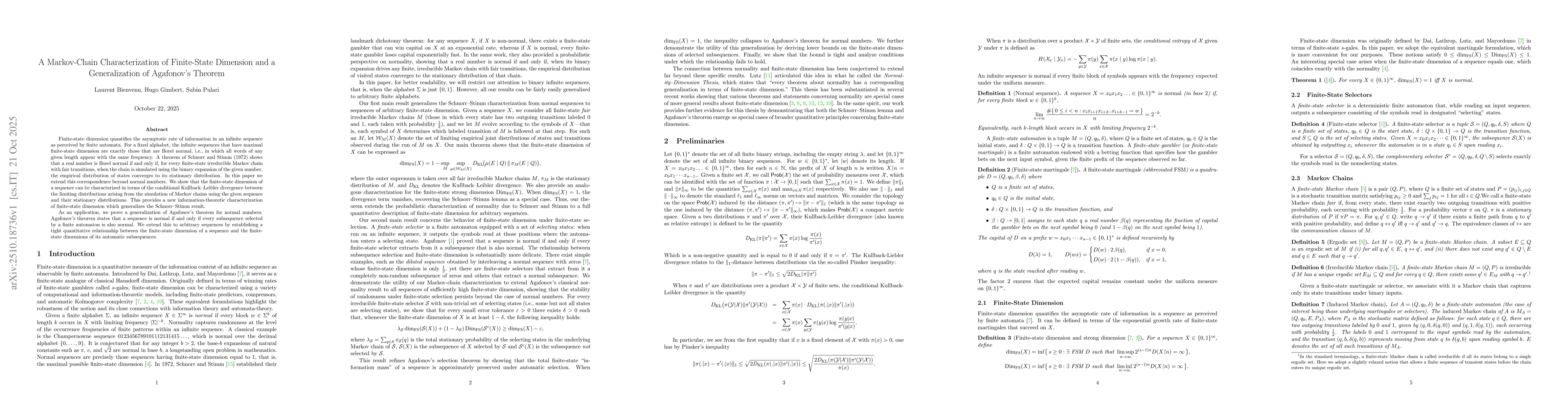 Thumbnail for A Markov-Chain Characterization of Finite-State Dimension and a
  Generalization of Agafonov's Theorem