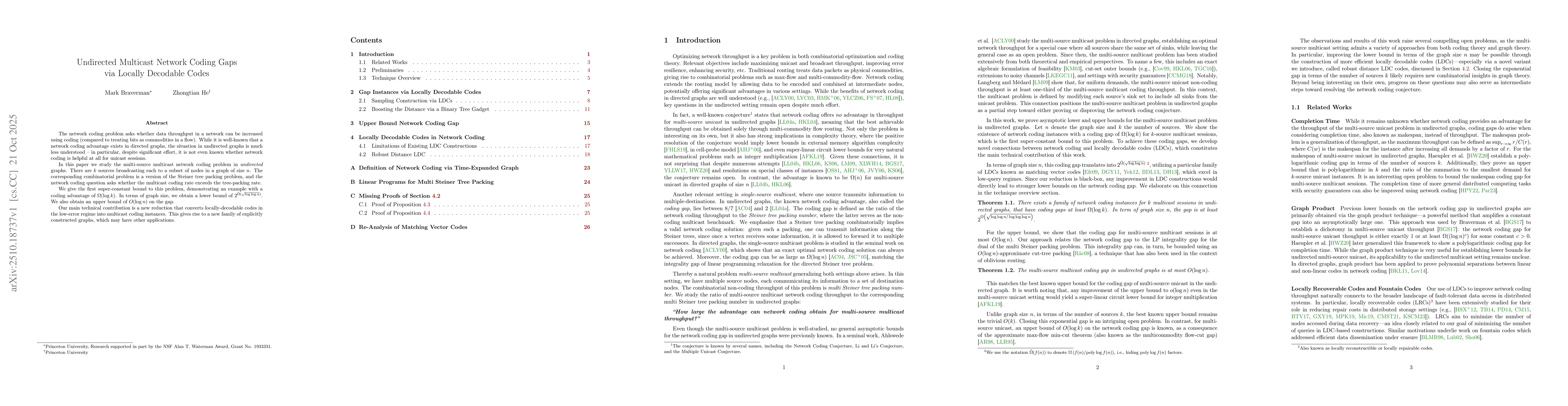 Thumbnail for Undirected Multicast Network Coding Gaps via Locally Decodable Codes