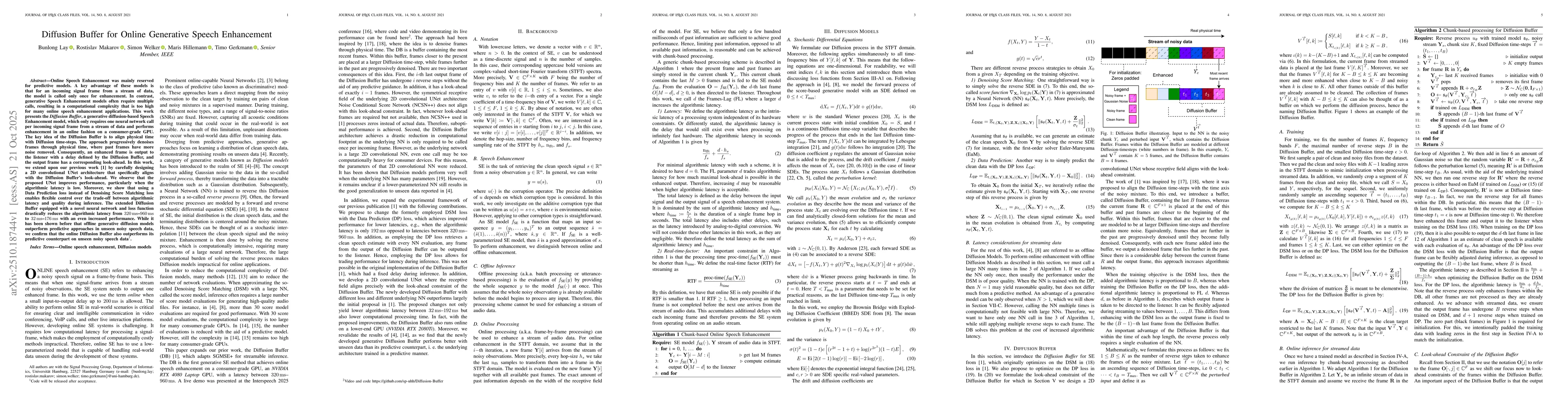 Thumbnail for Diffusion Buffer for Online Generative Speech Enhancement