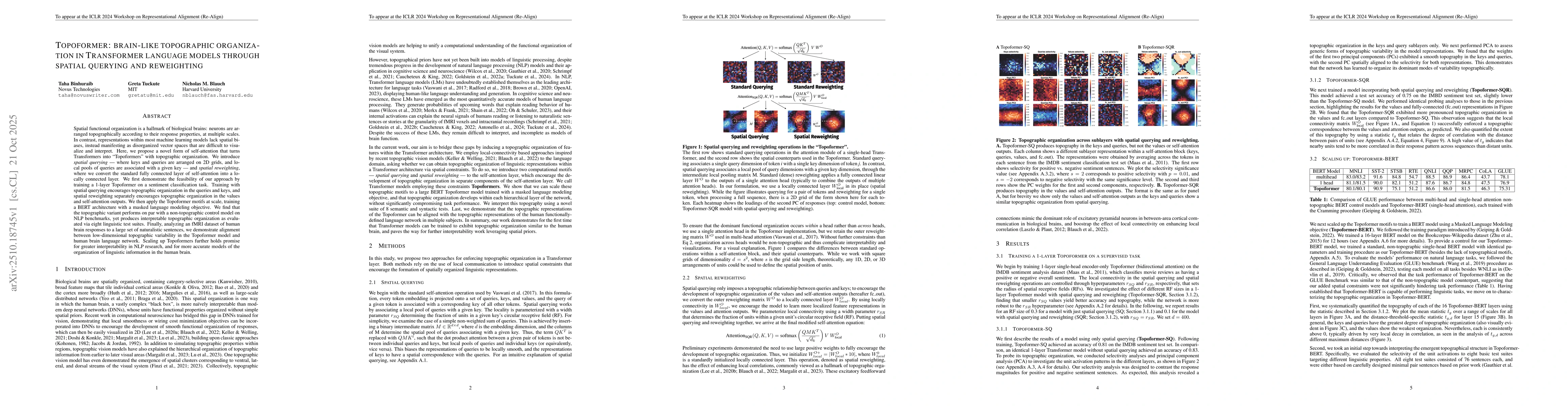 Thumbnail for Topoformer: brain-like topographic organization in Transformer language
  models through spatial querying and reweighting