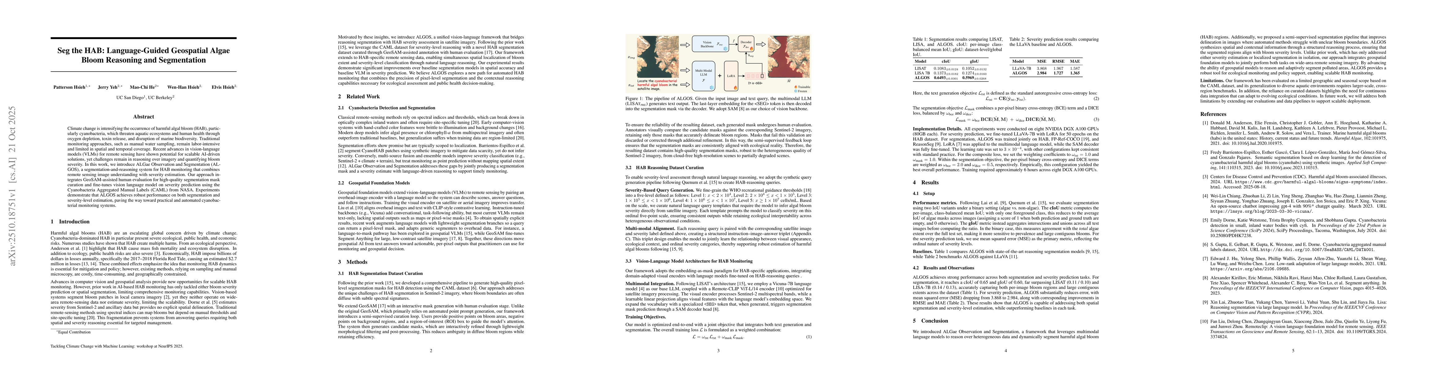 Thumbnail for Seg the HAB: Language-Guided Geospatial Algae Bloom Reasoning and
  Segmentation