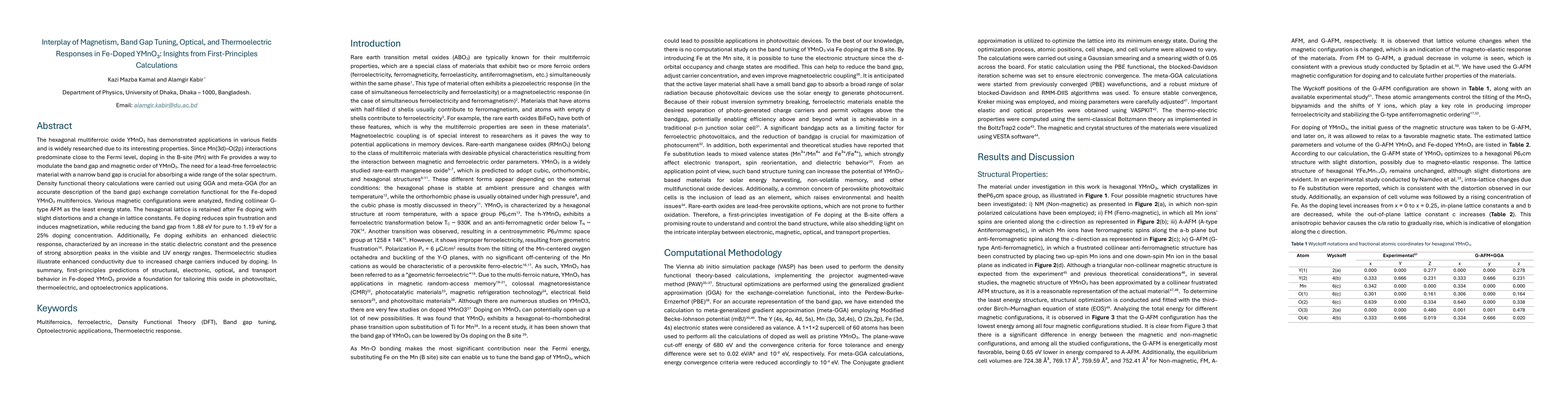 Thumbnail for Interplay of Magnetism, Band Gap Tuning, Optical, and Thermoelectric
  Responses in Fe-Doped YMnO$_3$: Insights from First-Principles Calculations