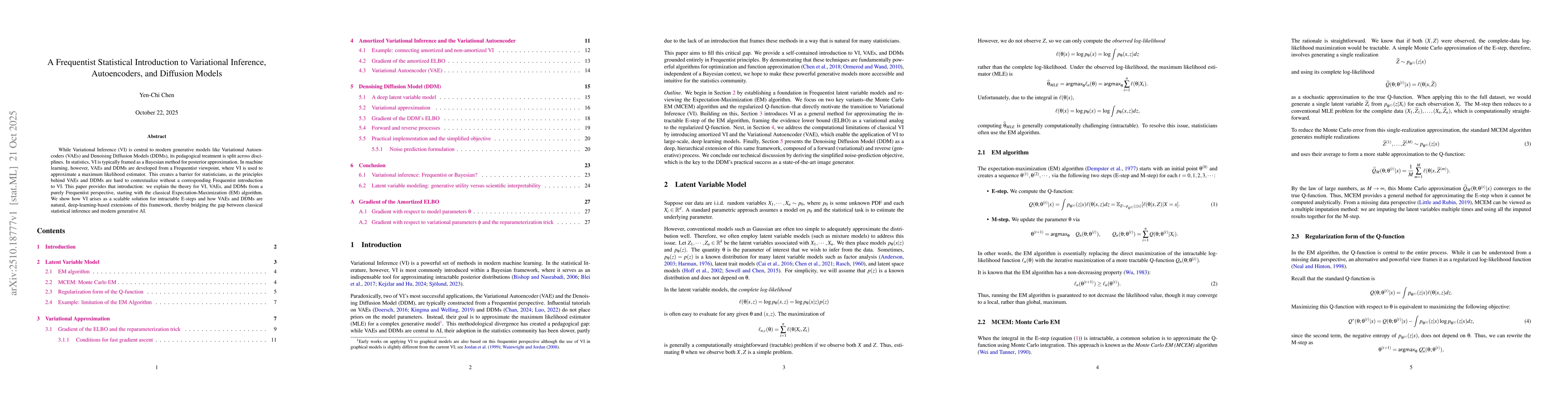 Thumbnail for A Frequentist Statistical Introduction to Variational Inference,
  Autoencoders, and Diffusion Models