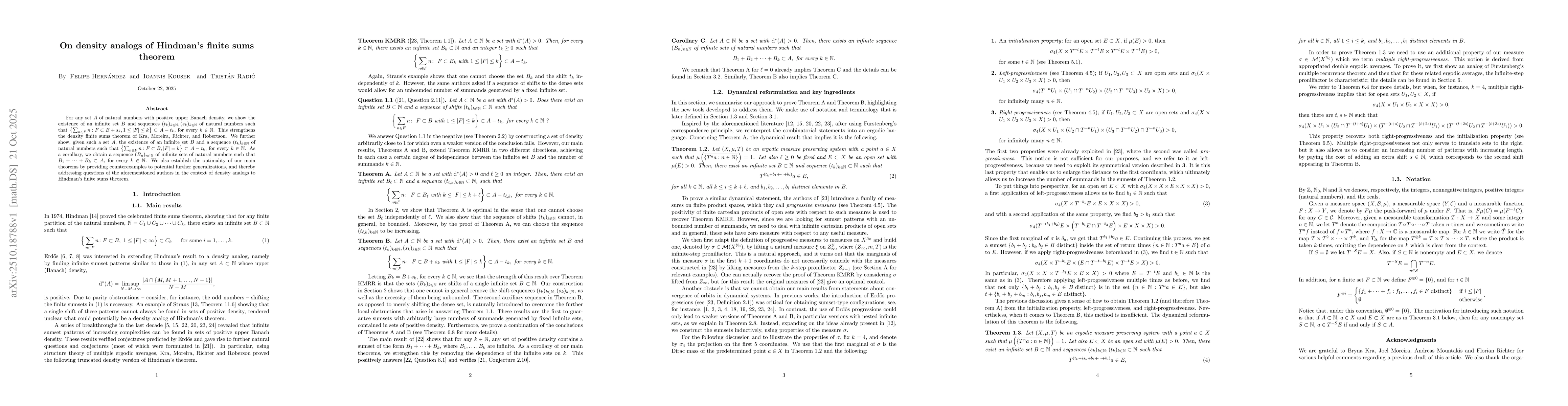 Thumbnail for On density analogs of Hindman's finite sums theorem