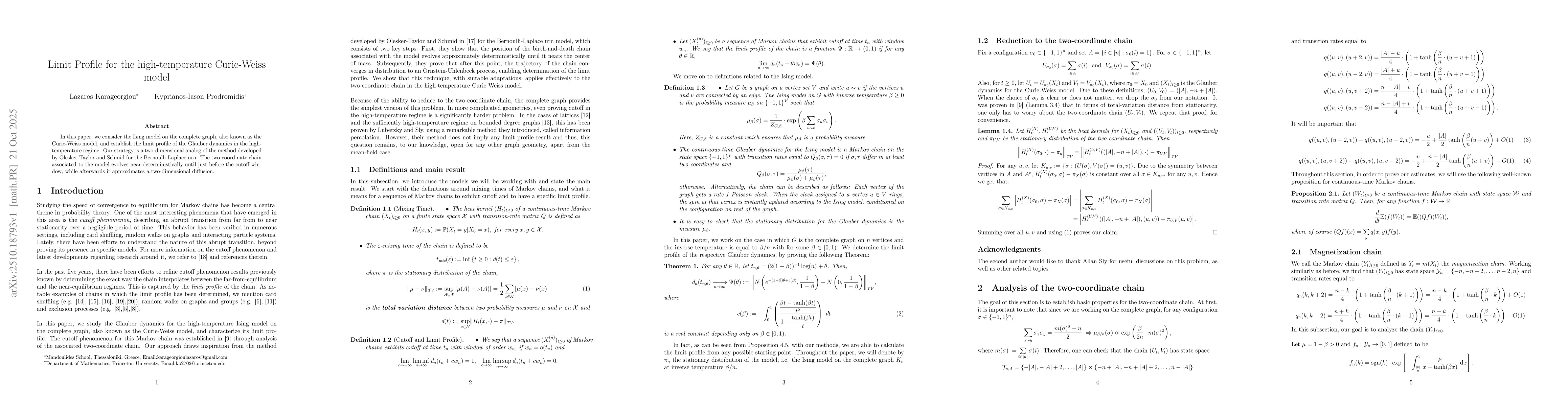Thumbnail for Limit Profile for the high-temperature Curie-Weiss model