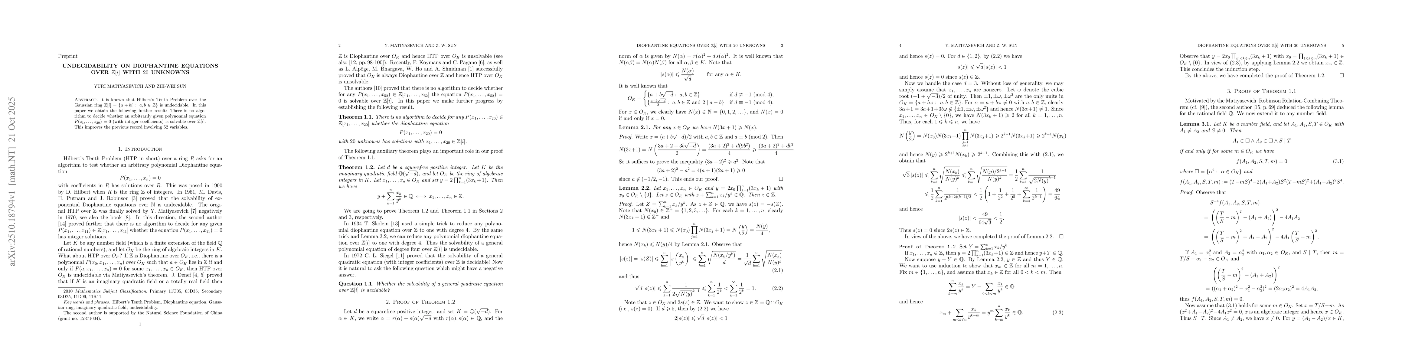 Thumbnail for Undecidability on Diophantine equations over $\mathbb Z[i]$ with $20$
  unknowns