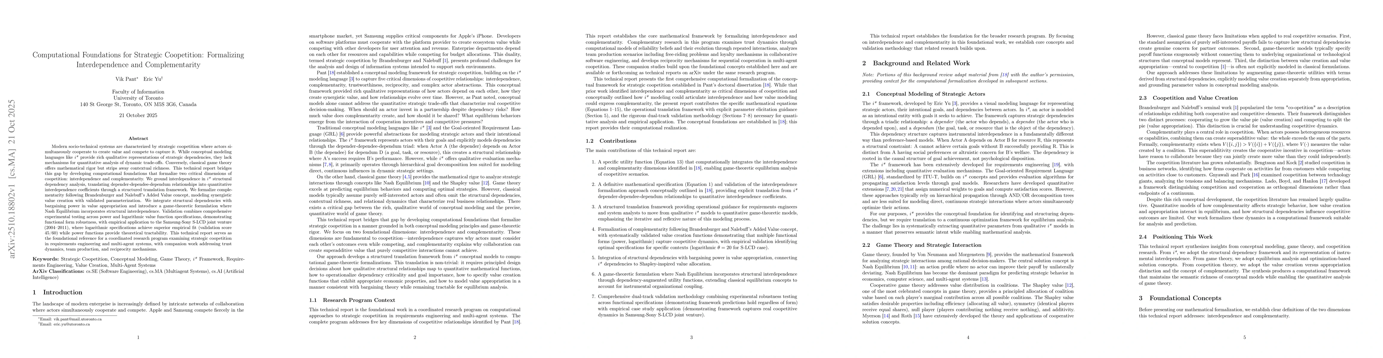 Thumbnail for Computational Foundations for Strategic Coopetition: Formalizing
  Interdependence and Complementarity