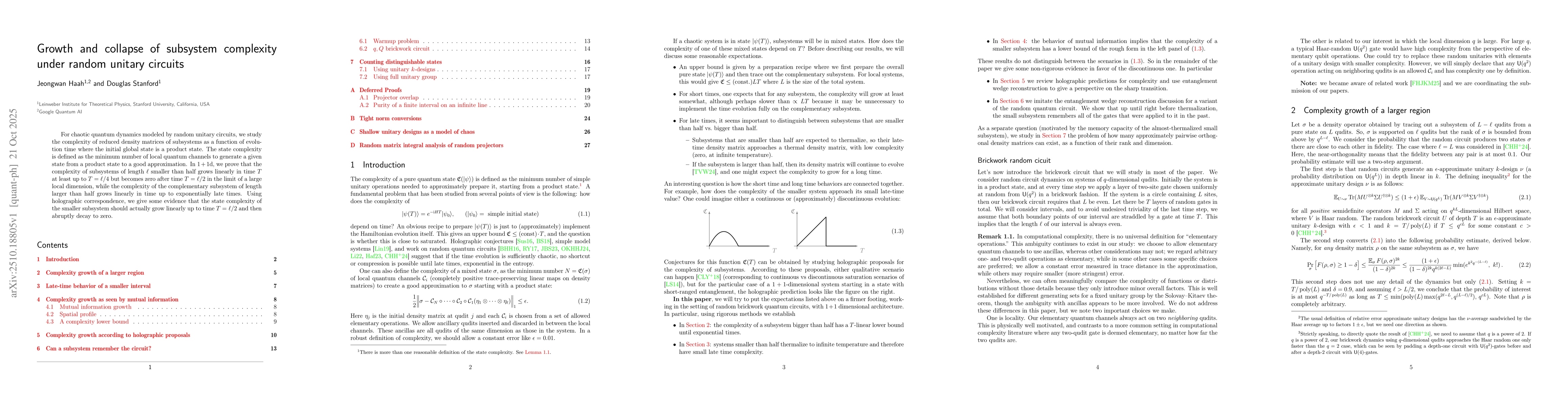 Thumbnail for Growth and collapse of subsystem complexity under random unitary
  circuits
