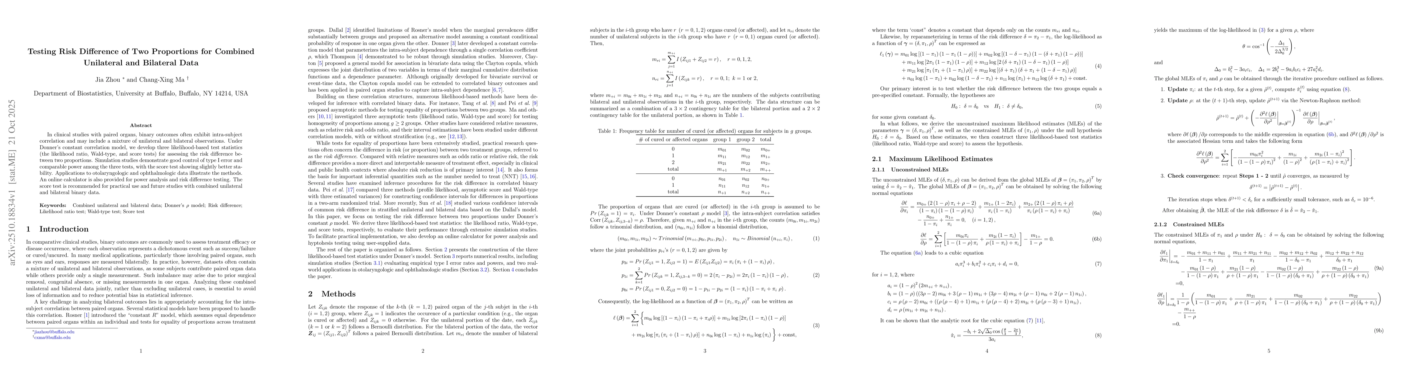 Thumbnail for Testing Risk Difference of Two Proportions for Combined Unilateral and
  Bilateral Data