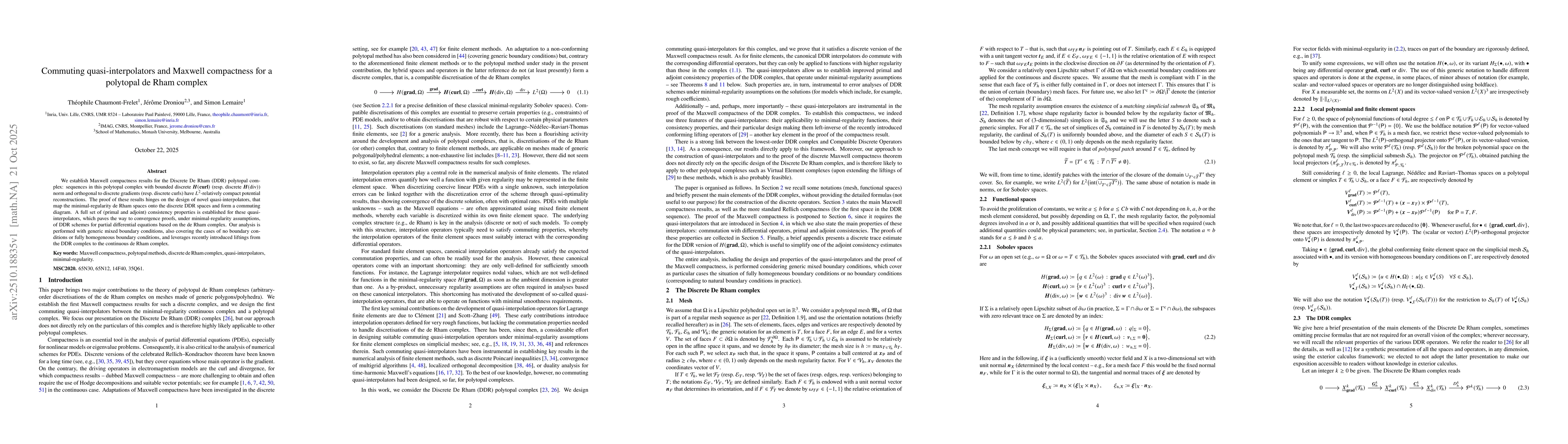 Thumbnail for Commuting quasi-interpolators and Maxwell compactness for a polytopal de
  Rham complex