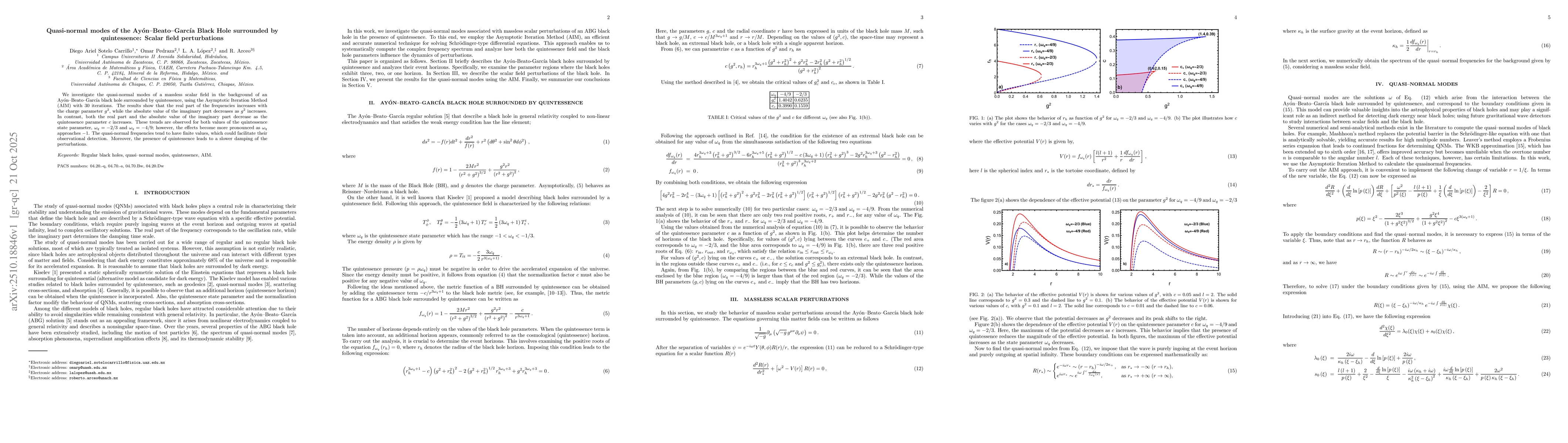 Thumbnail for Quasi--normal modes of the Ayón--Beato--García Black Hole surrounded
  by quintessence: Scalar field perturbations