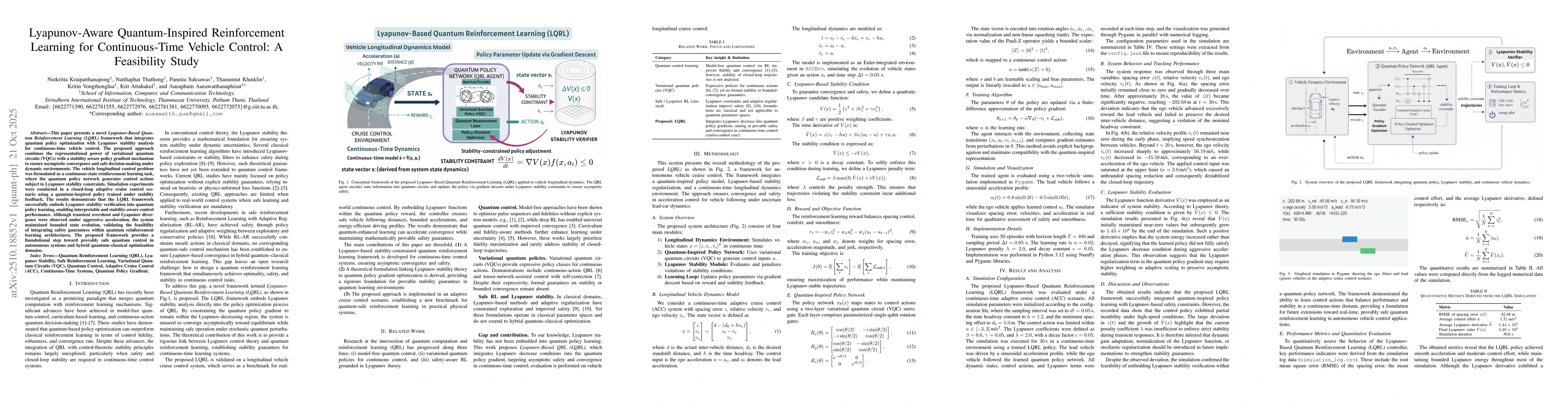 Thumbnail for Lyapunov-Aware Quantum-Inspired Reinforcement Learning for
  Continuous-Time Vehicle Control: A Feasibility Study