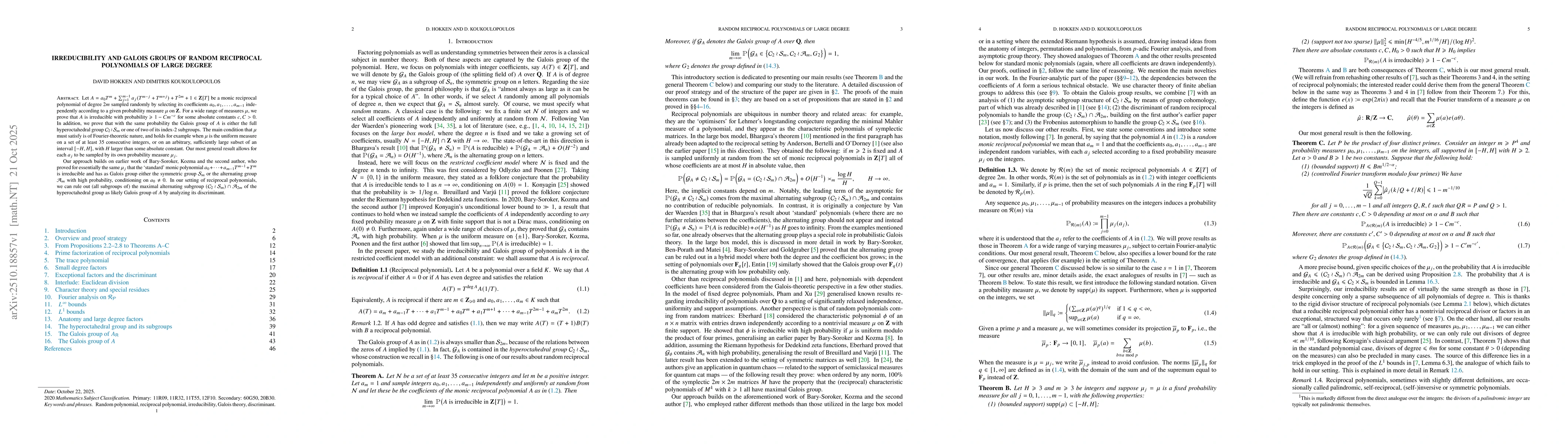 Thumbnail for Irreducibility and Galois groups of random reciprocal polynomials of
  large degree
