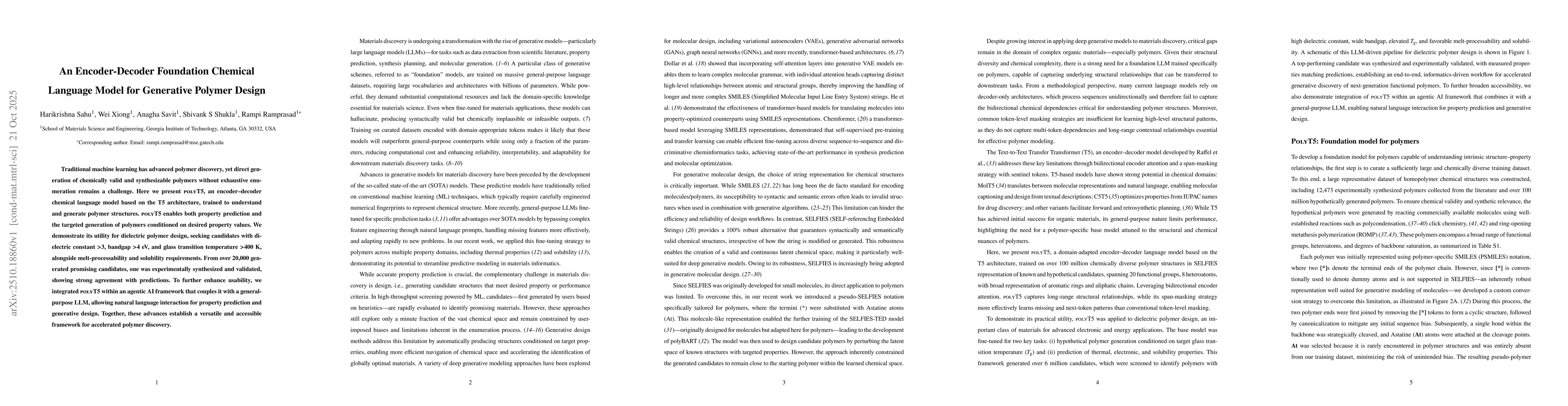 Thumbnail for An Encoder-Decoder Foundation Chemical Language Model for Generative
  Polymer Design