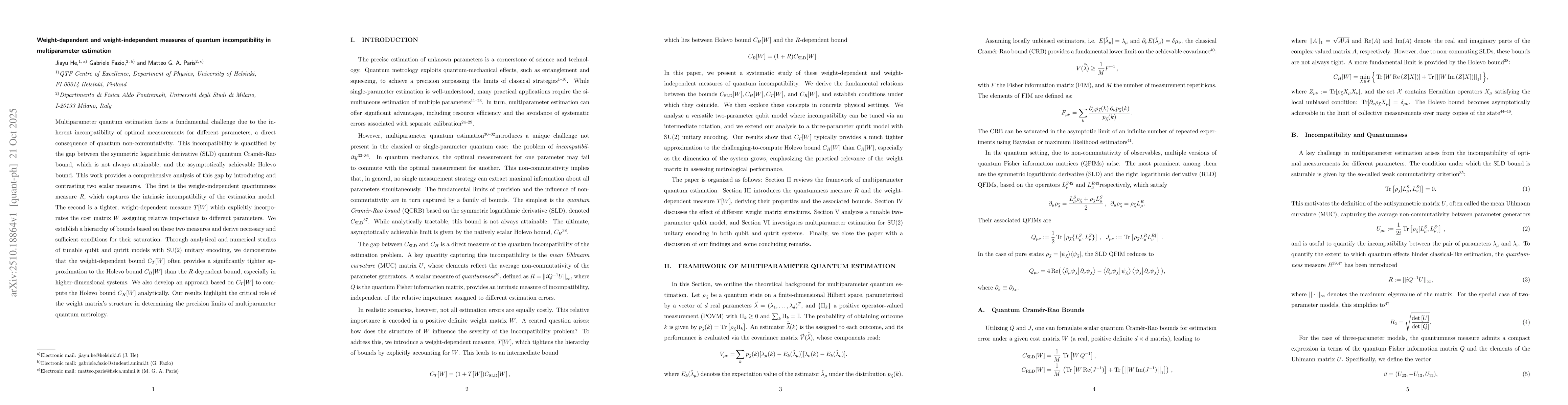 Thumbnail for Weight-dependent and weight-independent measures of quantum
  incompatibility in multiparameter estimation