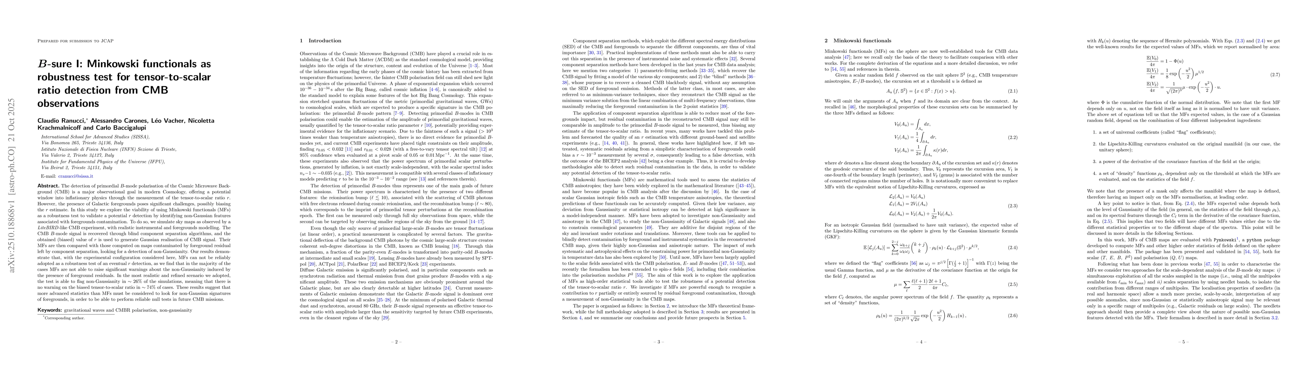 Thumbnail for $B$-sure I: Minkowski functionals as robustness test for
  tensor-to-scalar ratio detection from CMB observations