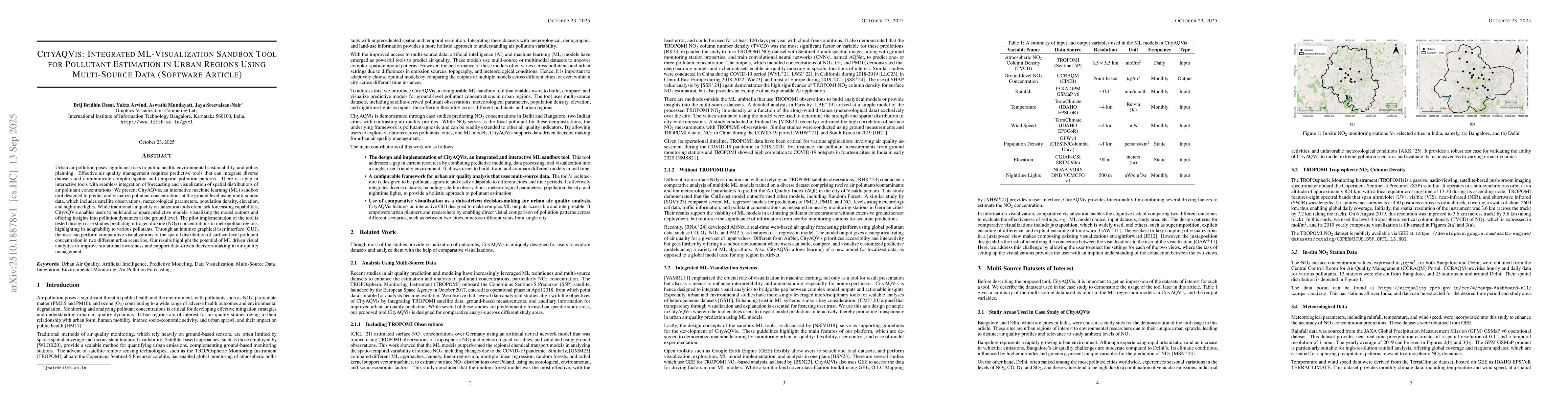 Thumbnail for CityAQVis: Integrated ML-Visualization Sandbox Tool for Pollutant
  Estimation in Urban Regions Using Multi-Source Data (Software Article)
