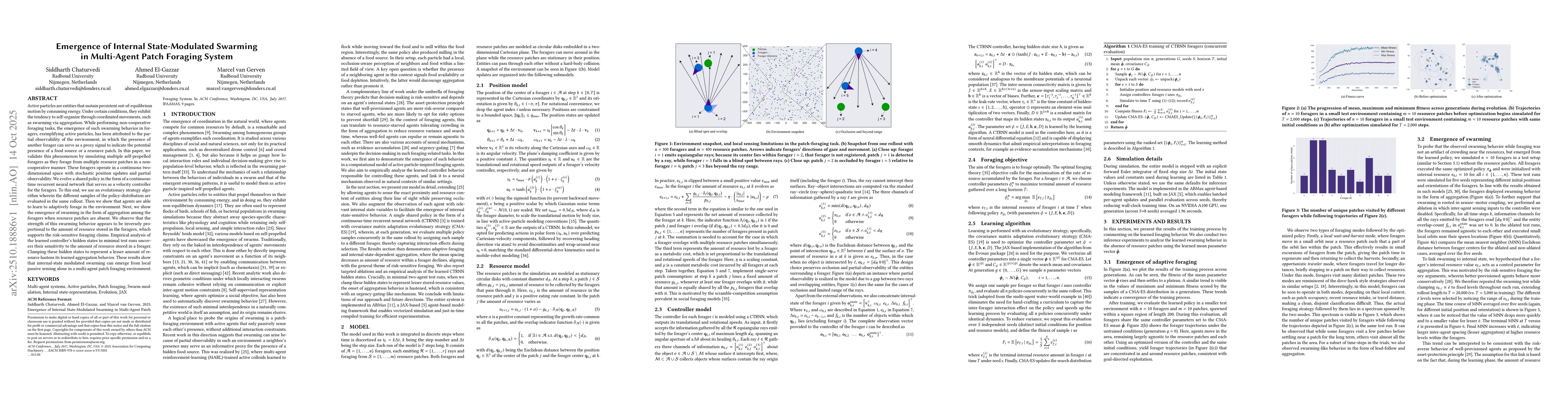 Thumbnail for Emergence of Internal State-Modulated Swarming in Multi-Agent Patch
  Foraging System