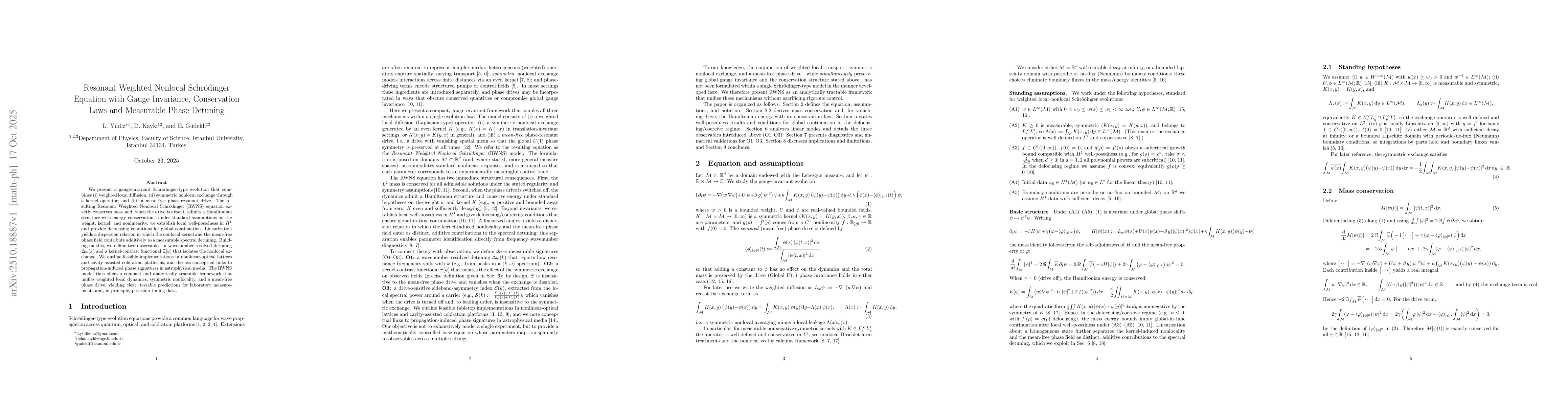 Thumbnail for Resonant Weighted Nonlocal Schrödinger Equation with Gauge Invariance,
  Conservation Laws and Measurable Phase Detuning