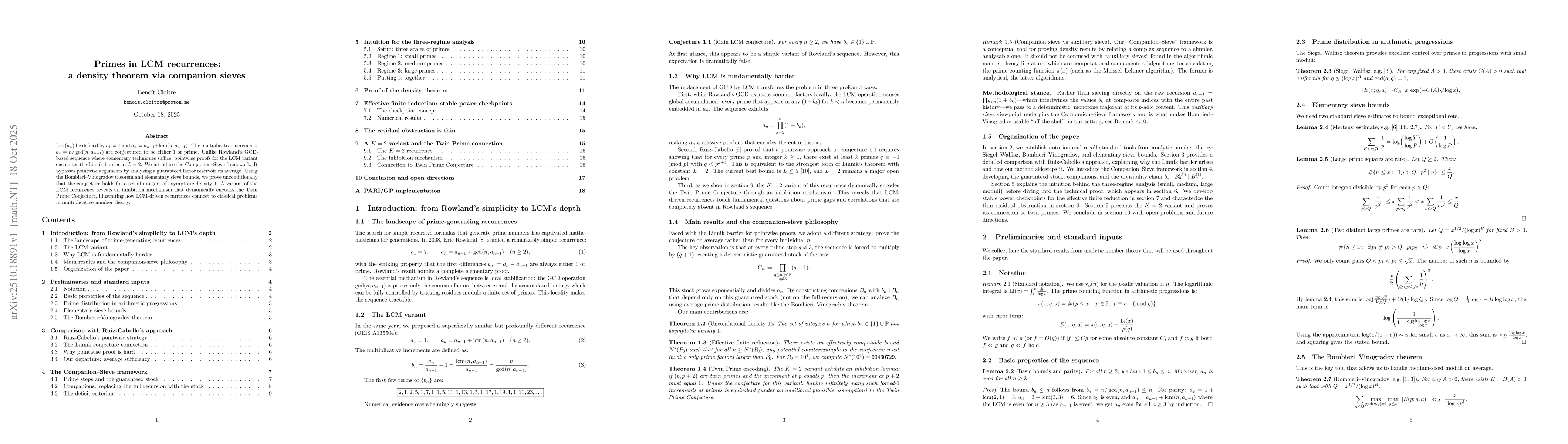 Thumbnail for Primes in LCM recurrences: a density theorem via companion sieves