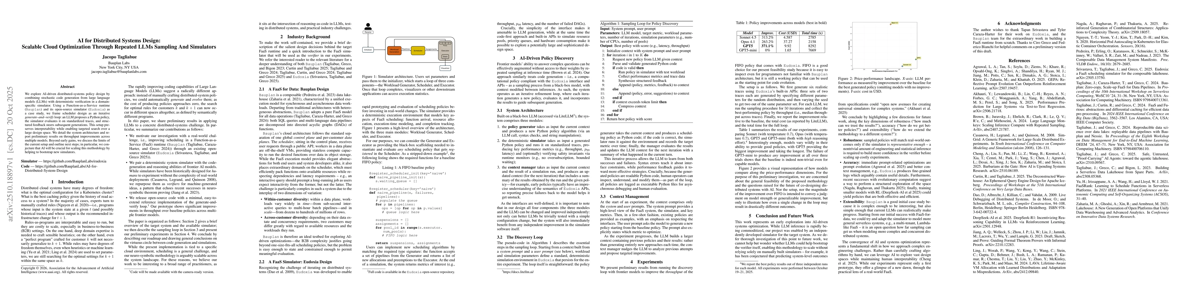Thumbnail for AI for Distributed Systems Design: Scalable Cloud Optimization Through
  Repeated LLMs Sampling And Simulators