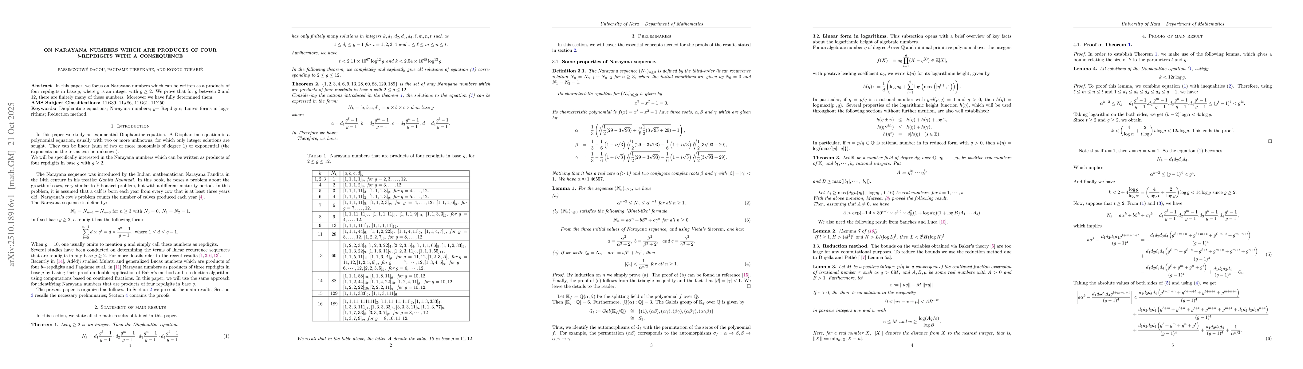 Thumbnail for On Narayana numbers which are products of four $b$-repdigits with a
  consequence
