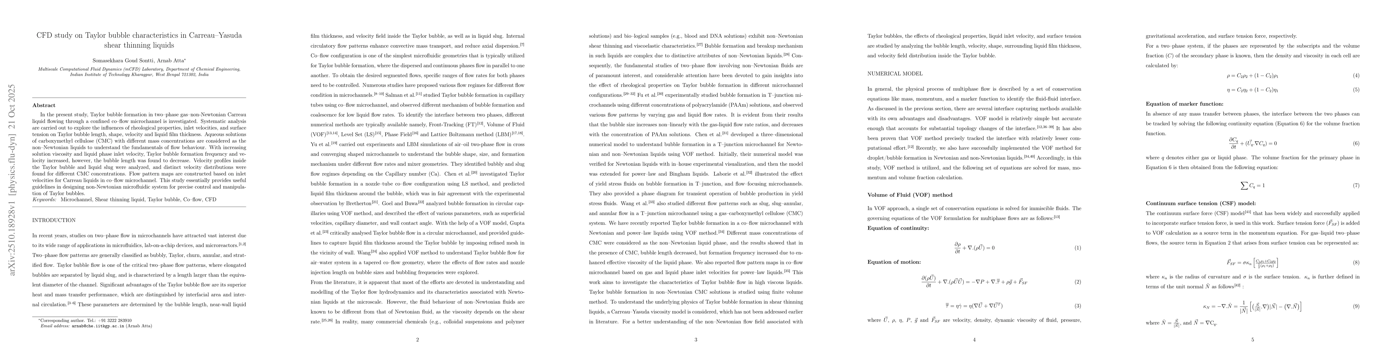 Thumbnail for CFD study on Taylor bubble characteristics in Carreau-Yasuda shear
  thinning liquids