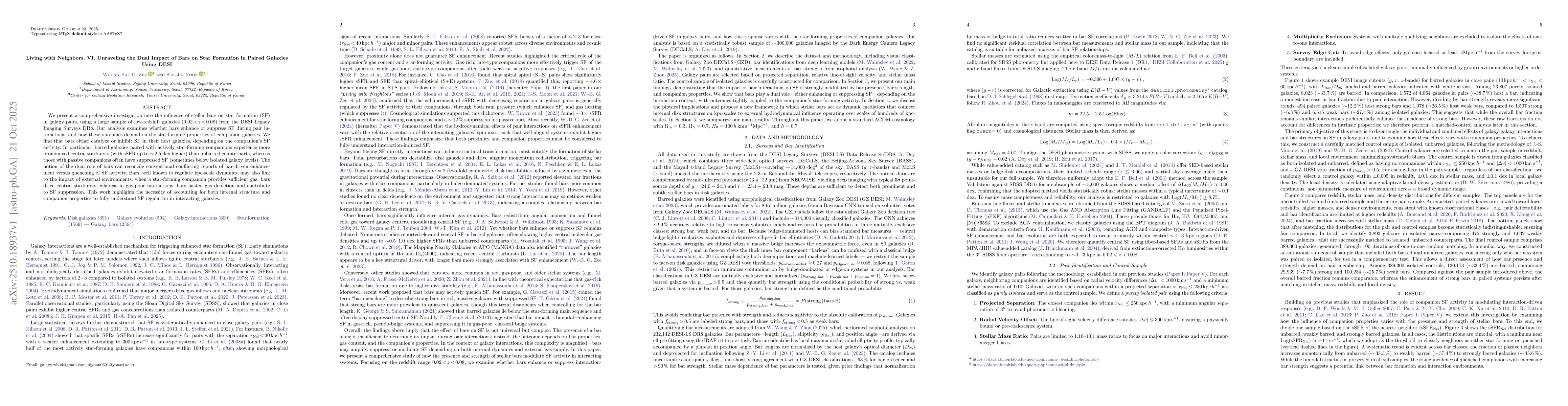 Thumbnail for Living with Neighbors. VI. Unraveling the Dual Impact of Bars on Star
  Formation in Paired Galaxies Using DESI