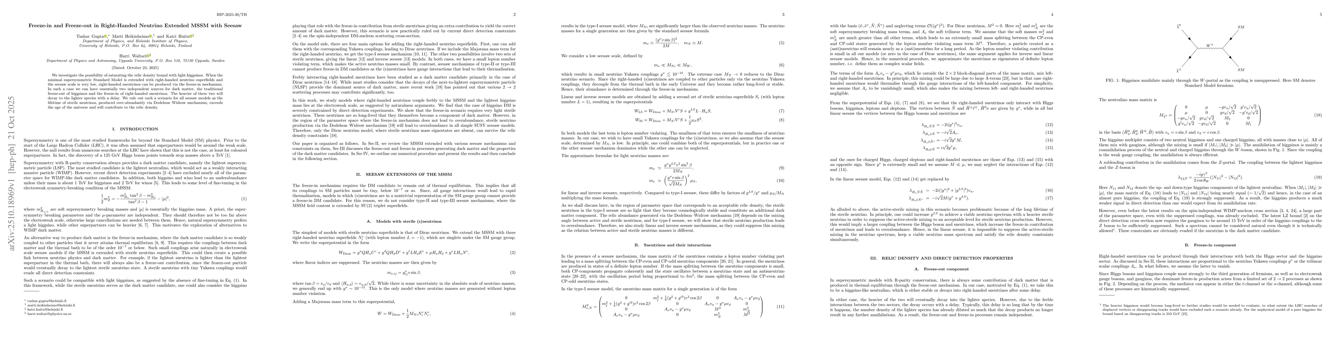 Thumbnail for Freeze-in and Freeze-out in Right-Handed Neutrino Extended MSSM with
  Seesaw