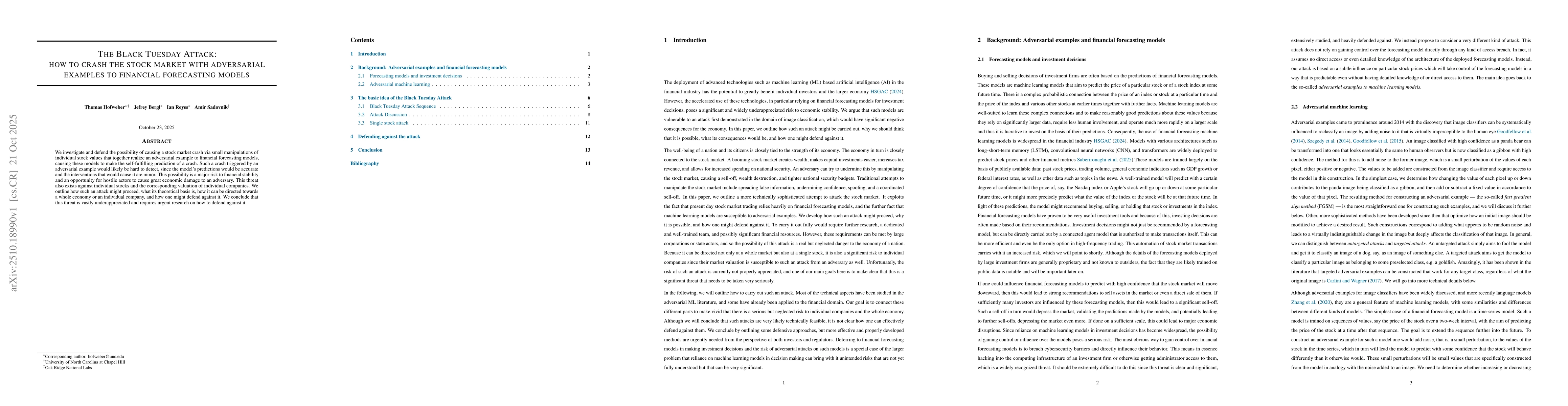 Thumbnail for The Black Tuesday Attack: how to crash the stock market with adversarial
  examples to financial forecasting models
