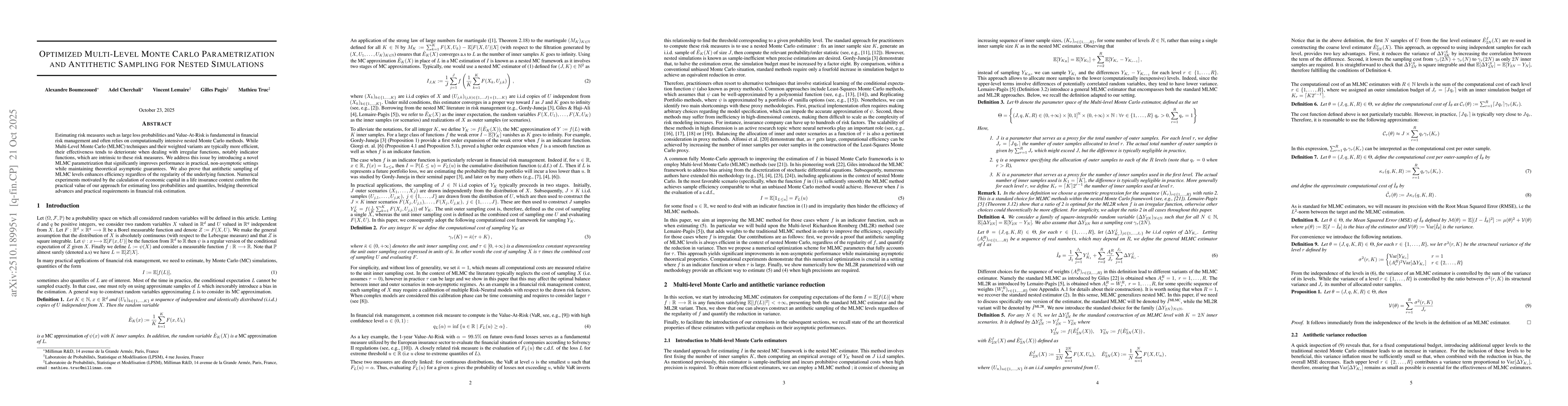 Thumbnail for Optimized Multi-Level Monte Carlo Parametrization and Antithetic
  Sampling for Nested Simulations