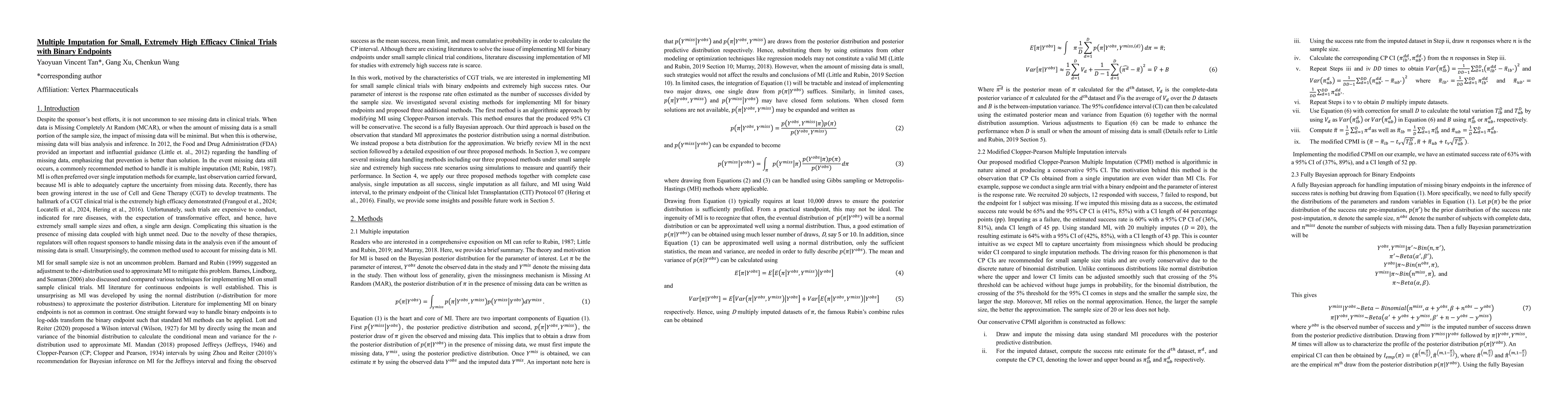 Thumbnail for Multiple Imputation for Small, Extremely High Efficacy Clinical Trials
  with Binary Endpoints