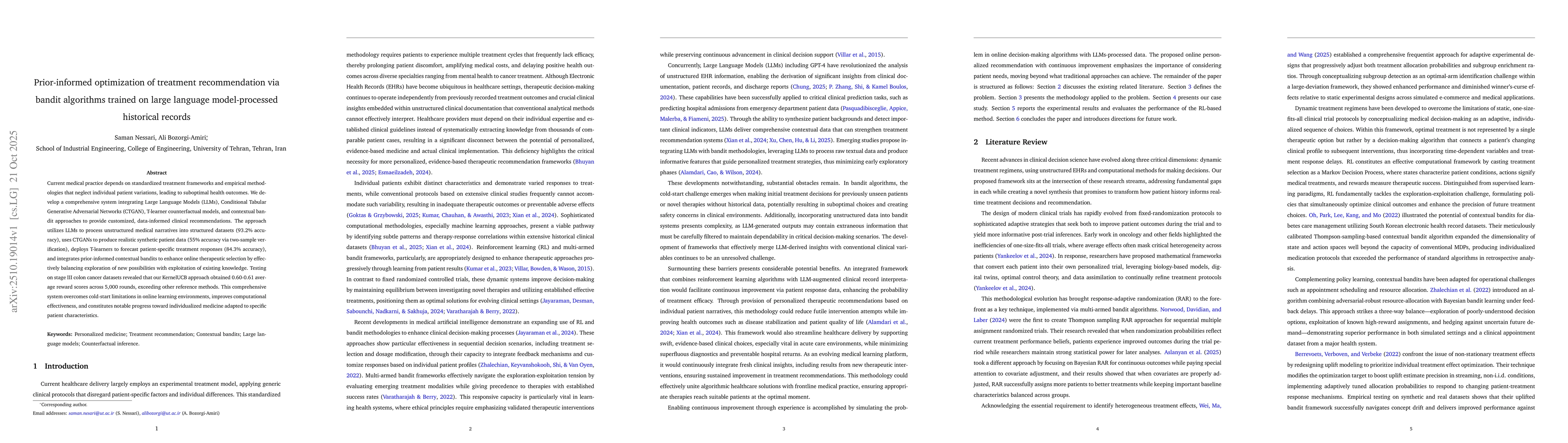 Thumbnail for Prior-informed optimization of treatment recommendation via bandit
  algorithms trained on large language model-processed historical records
